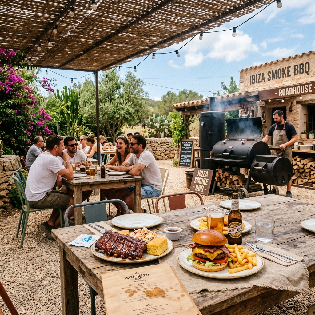 Hero image of Can Garage's authentic smokehouse terrace and BBQ food.