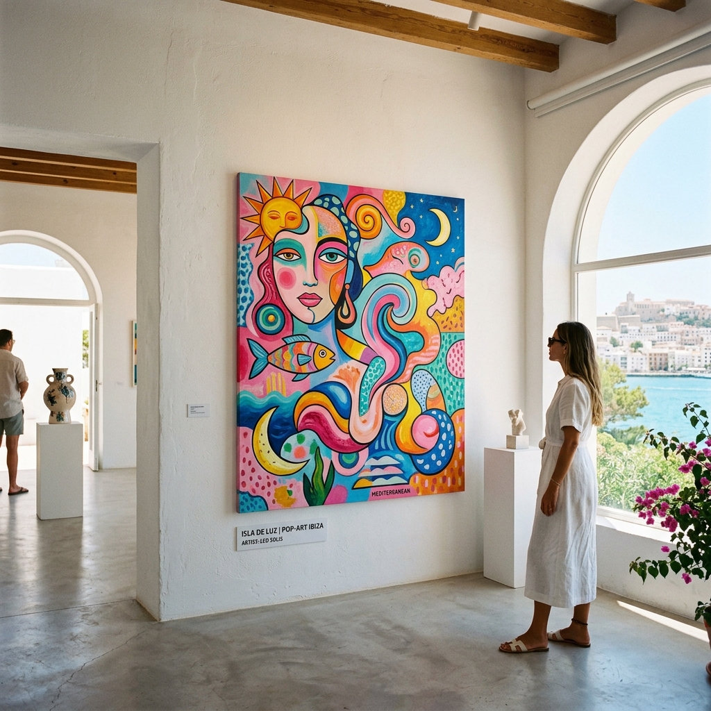 An abstract, colorful pop-art exhibition piece featuring surreal elements in a minimalist Ibiza gallery setting. Vibrant colors, Mediterranean vibe, realistic lighting.