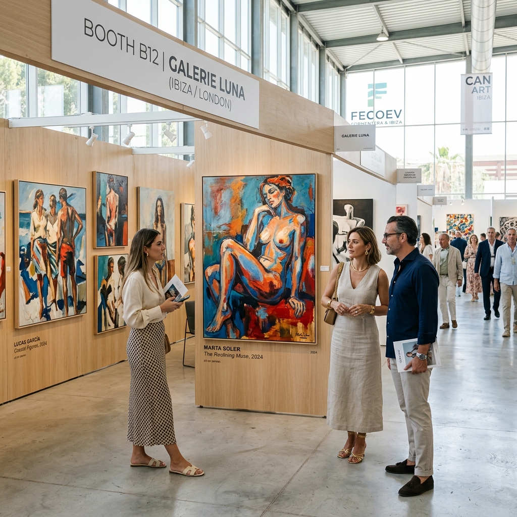 Visitors exploring an avant-garde art booth at the CAN Art Ibiza fair, looking at modern figurative paintings. Professional photography, bright natural light, luxury atmosphere.