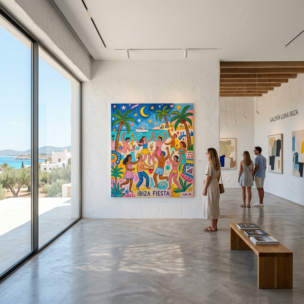 A highly aesthetic, sun-drenched contemporary art gallery in Ibiza. White walls, Mediterranean light, and a vibrant, quirky figurative artwork on the wall. Ultra-modern, premium aesthetic, 8k resolution, WebP format.