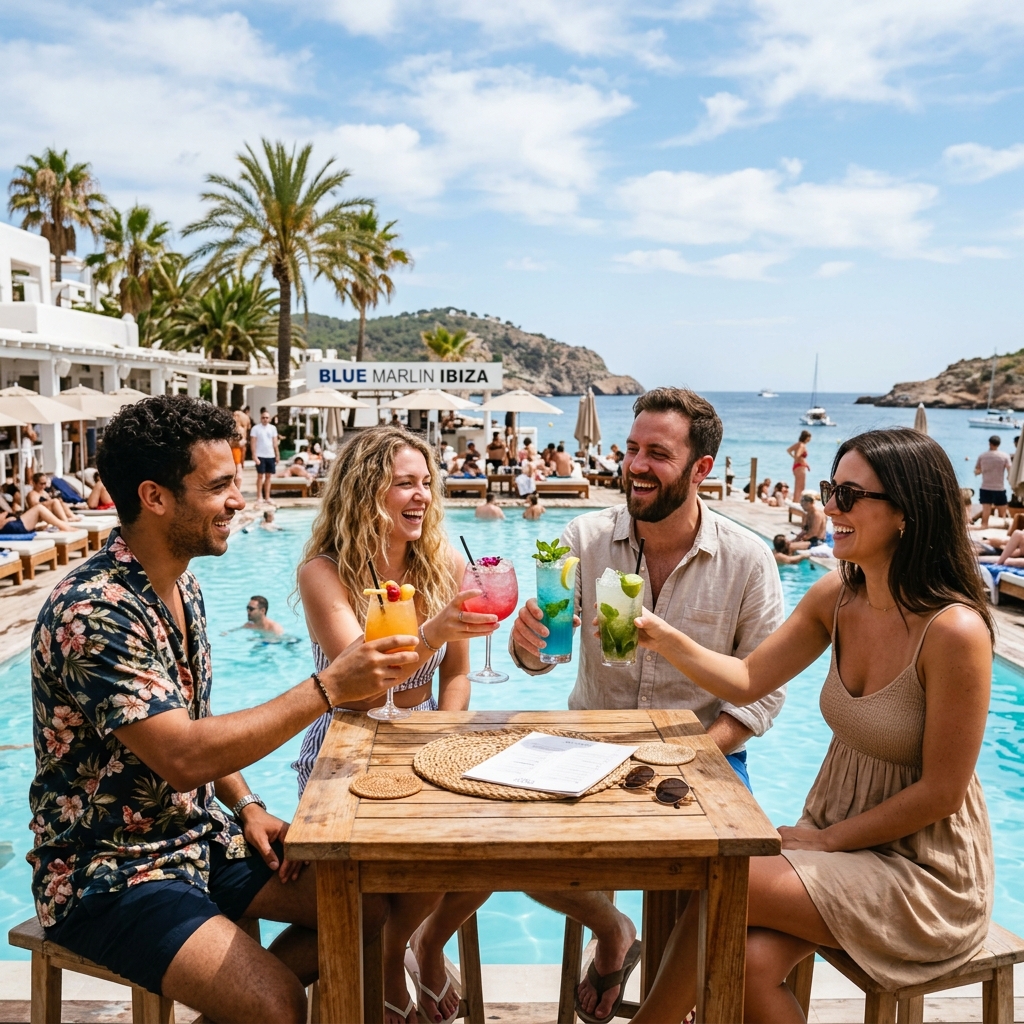 A sunny daytime shot of friends holding colorful mocktails and cocktails by an Ibiza beach club pool, capturing a lively but responsible vacation vibe.