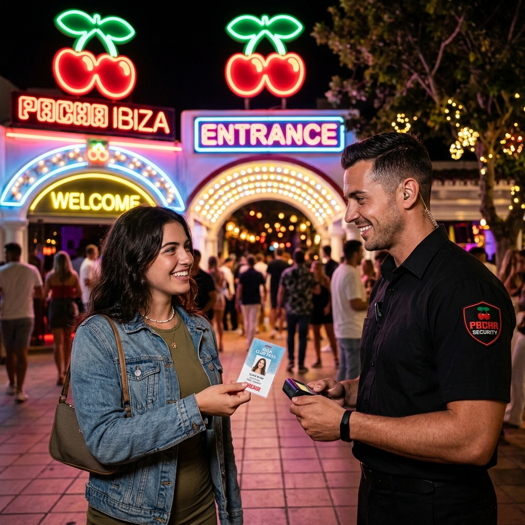 A vibrant, high-quality photo of a young adult presenting a modern ID card to a friendly but professional bouncer at the entrance of a famous Ibiza nightclub, neon lights in the background.