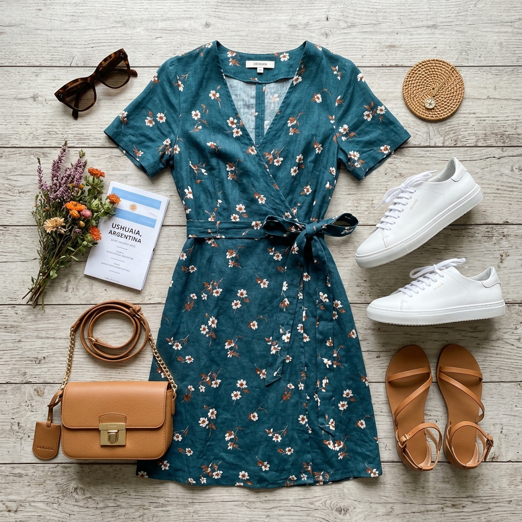 A flatlay of a stylish dress, secure sandals, and a crossbody bag perfect for an open-air superclub